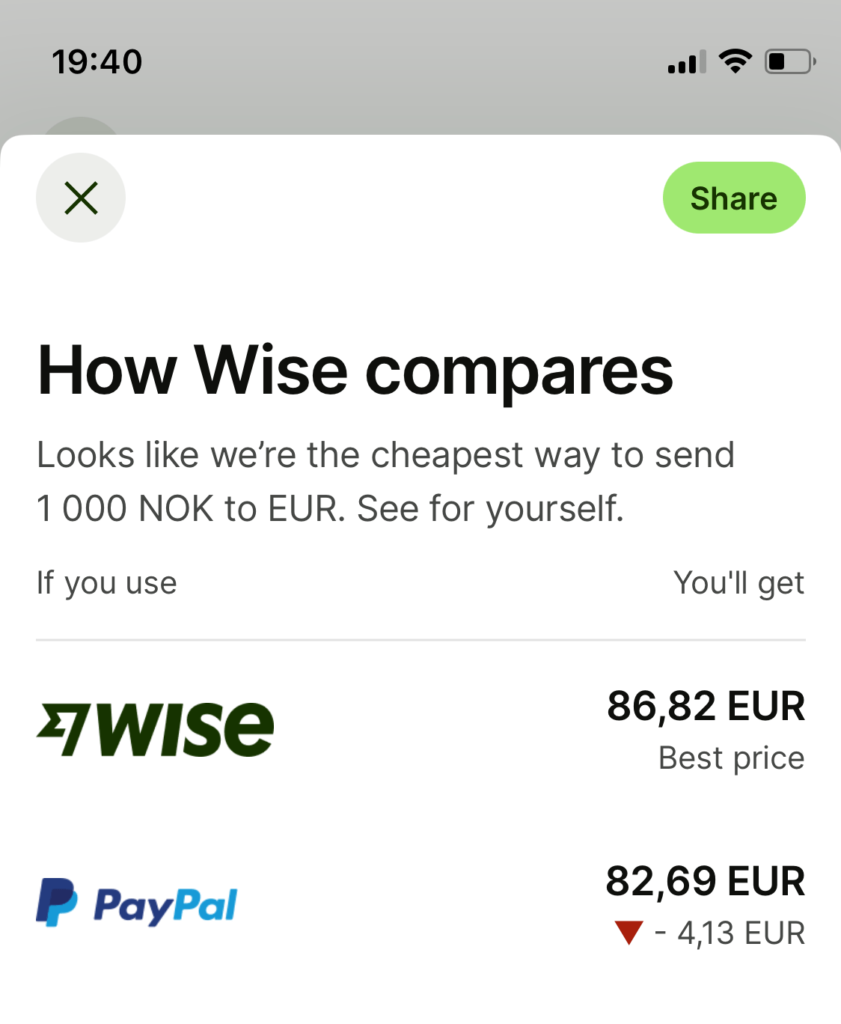 Price comparison between Wise and Paypal in Wise app
