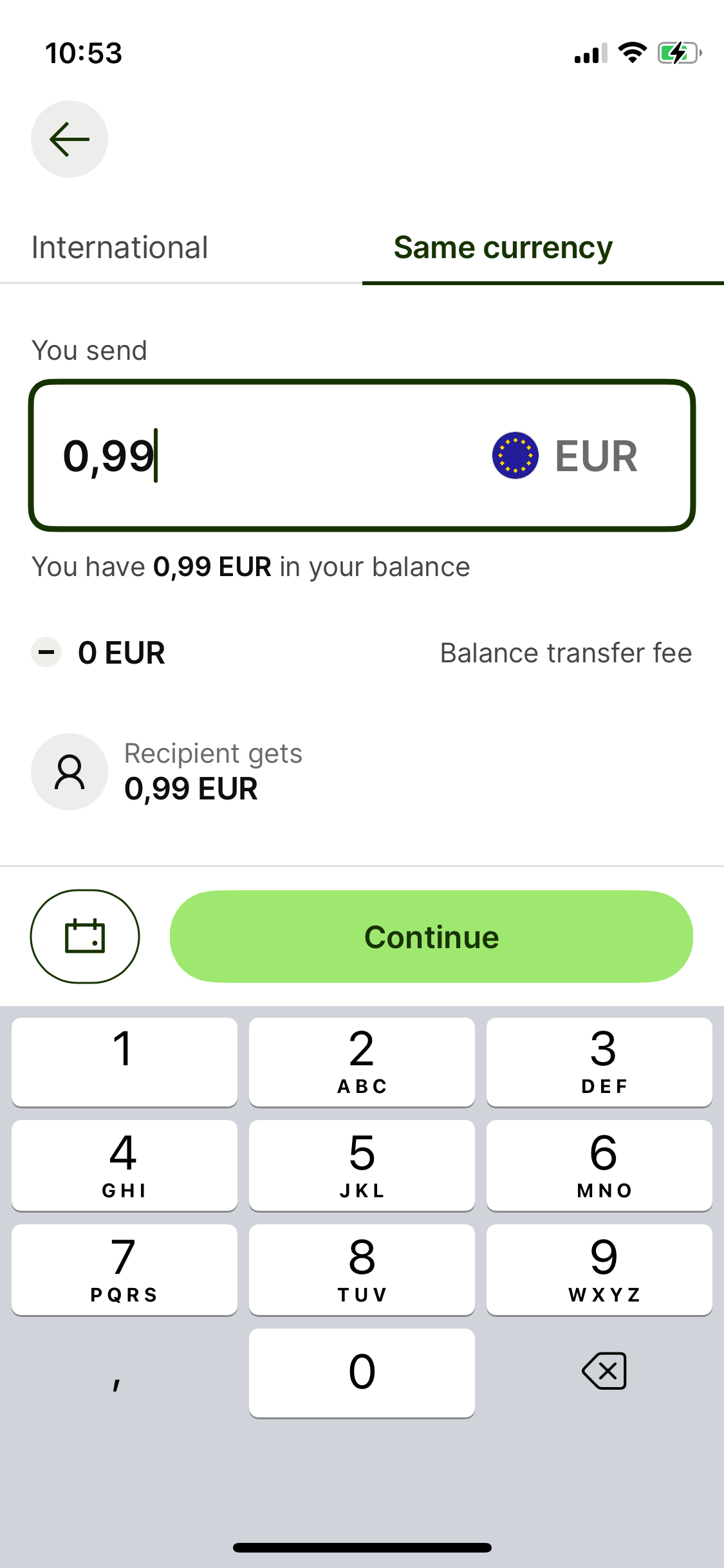 Same currency transfer in Wise app
