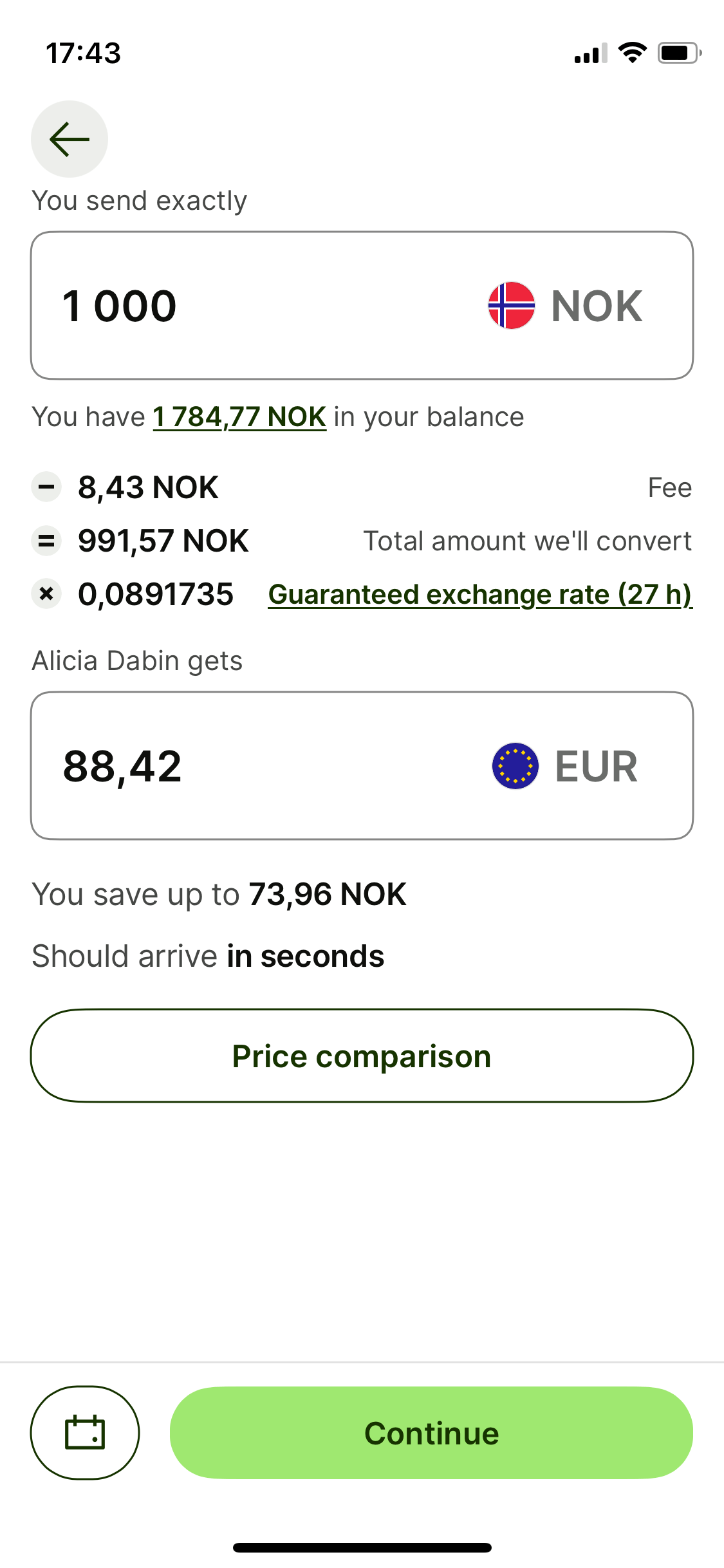 Sending-1000-NOK-from-Wise-balance-to-external-euro-account