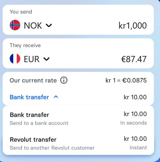 Transferring 1000 NOK with Revolut weekend fee
