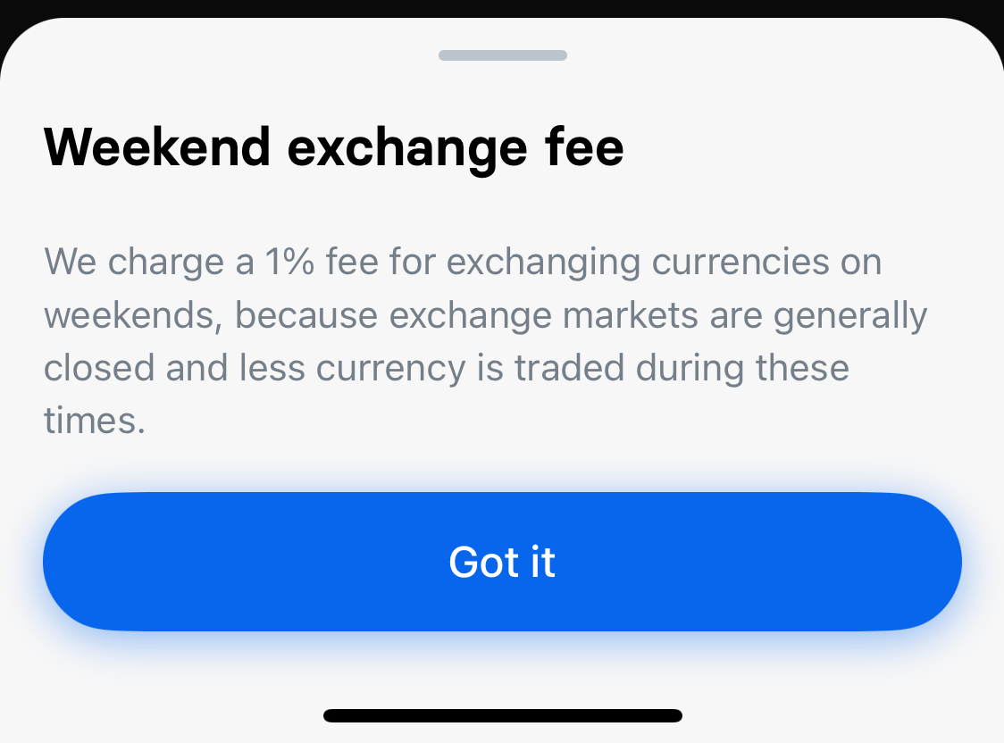 Weekend exchange fee explained in Revolut app